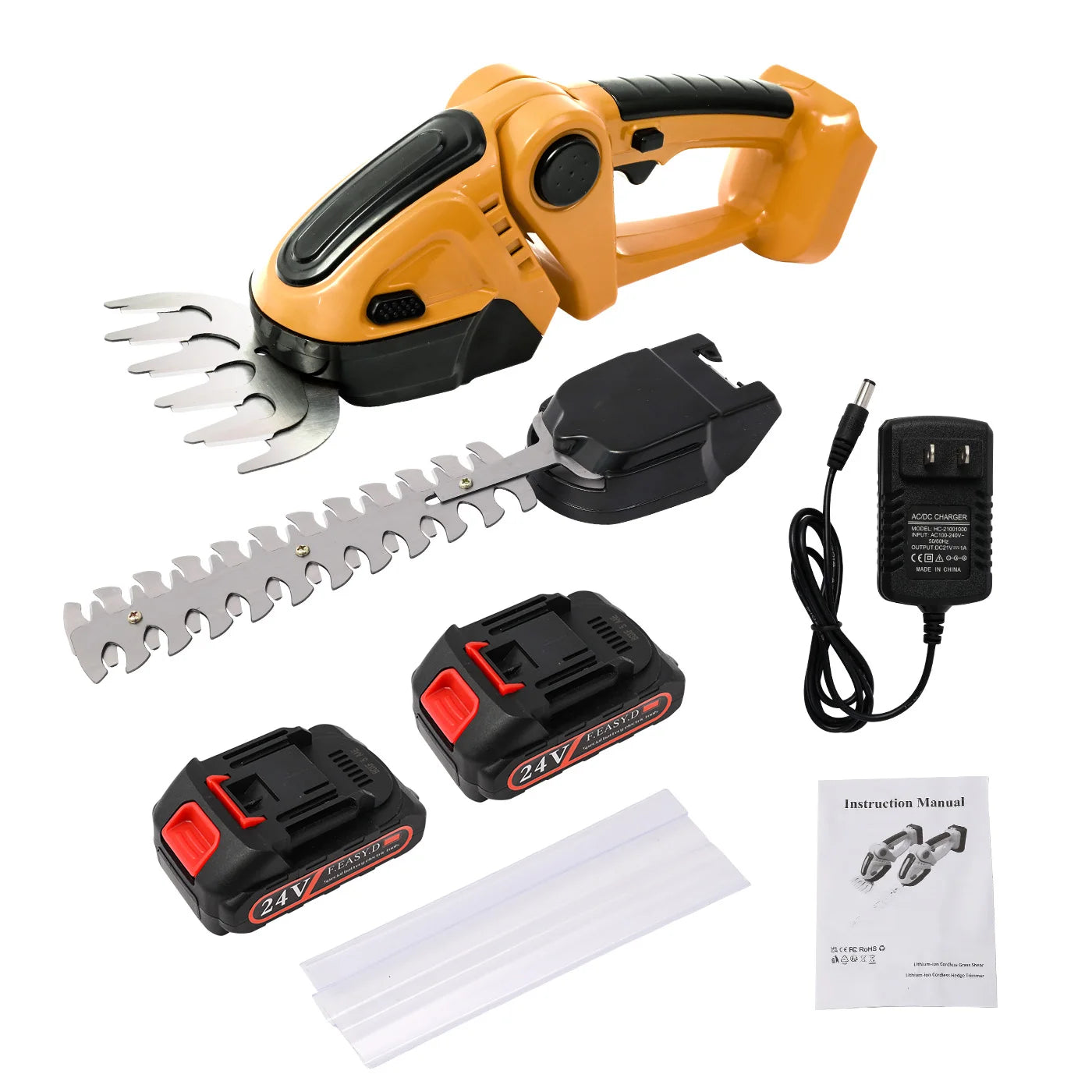 390W Handheld 2-in-1 Hedge Trimmer 15000 RPM 24V Battery-Powered Cordless Grass Cutter with Two Batteries and Charger for Garde