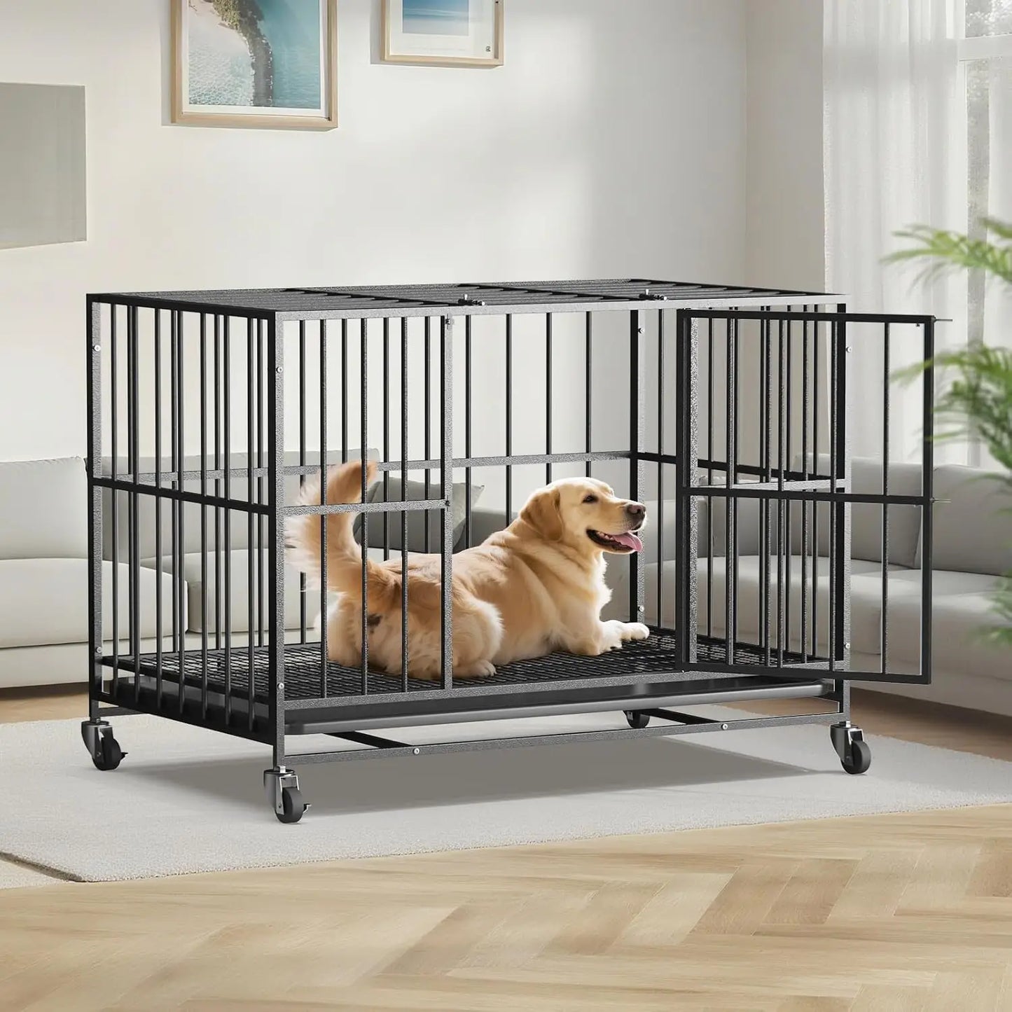 48 Inch Heavy Duty Dog Crate, Steel Escape Proof Indoor Double Door Cage with Removable Tray and Wheels for Large Dogs