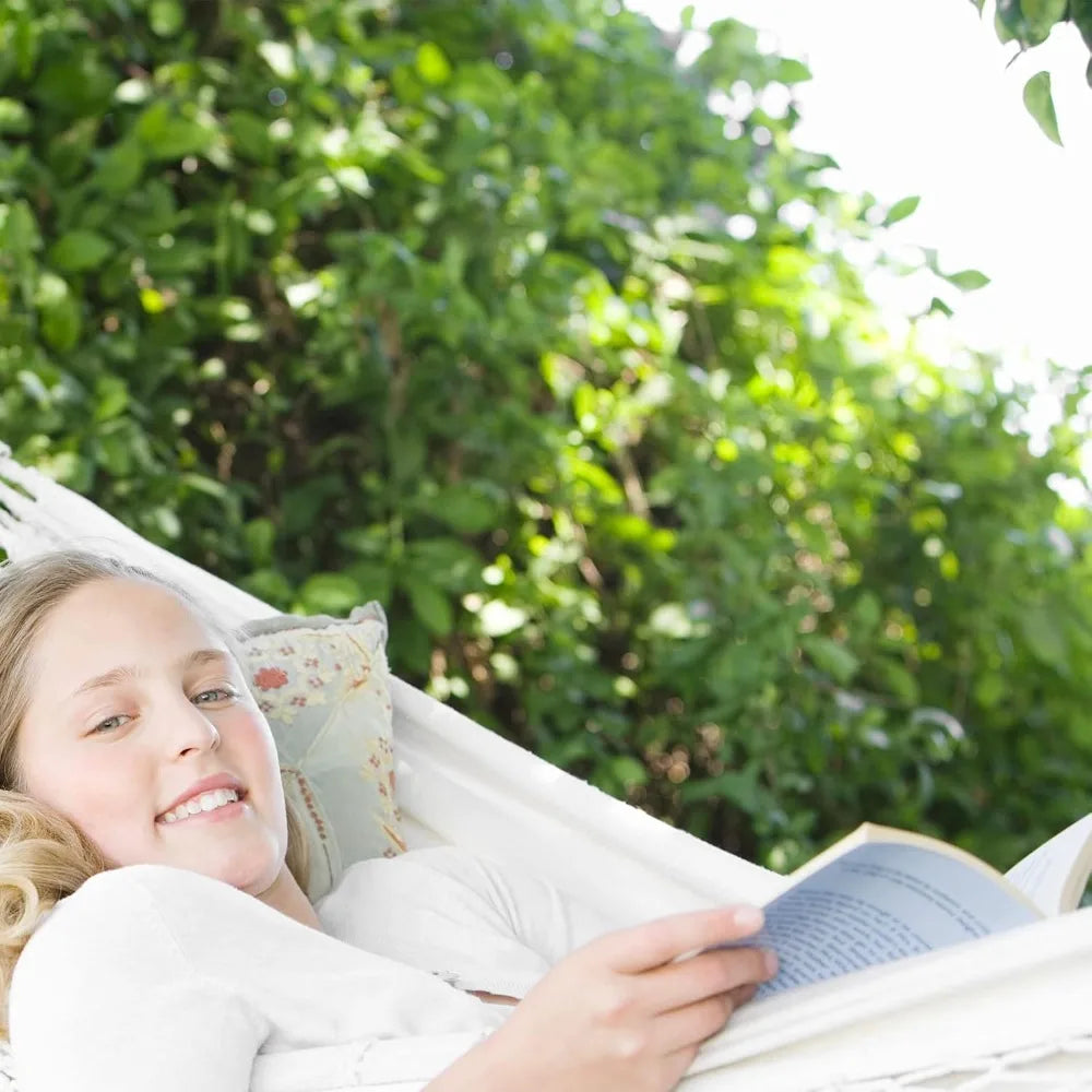 Double Boho Macrame Hammock with Elegant Tassels for Patio, Yard, Beach Wedding Decor, Outdoor and Indoor Up to 450lbs Include T