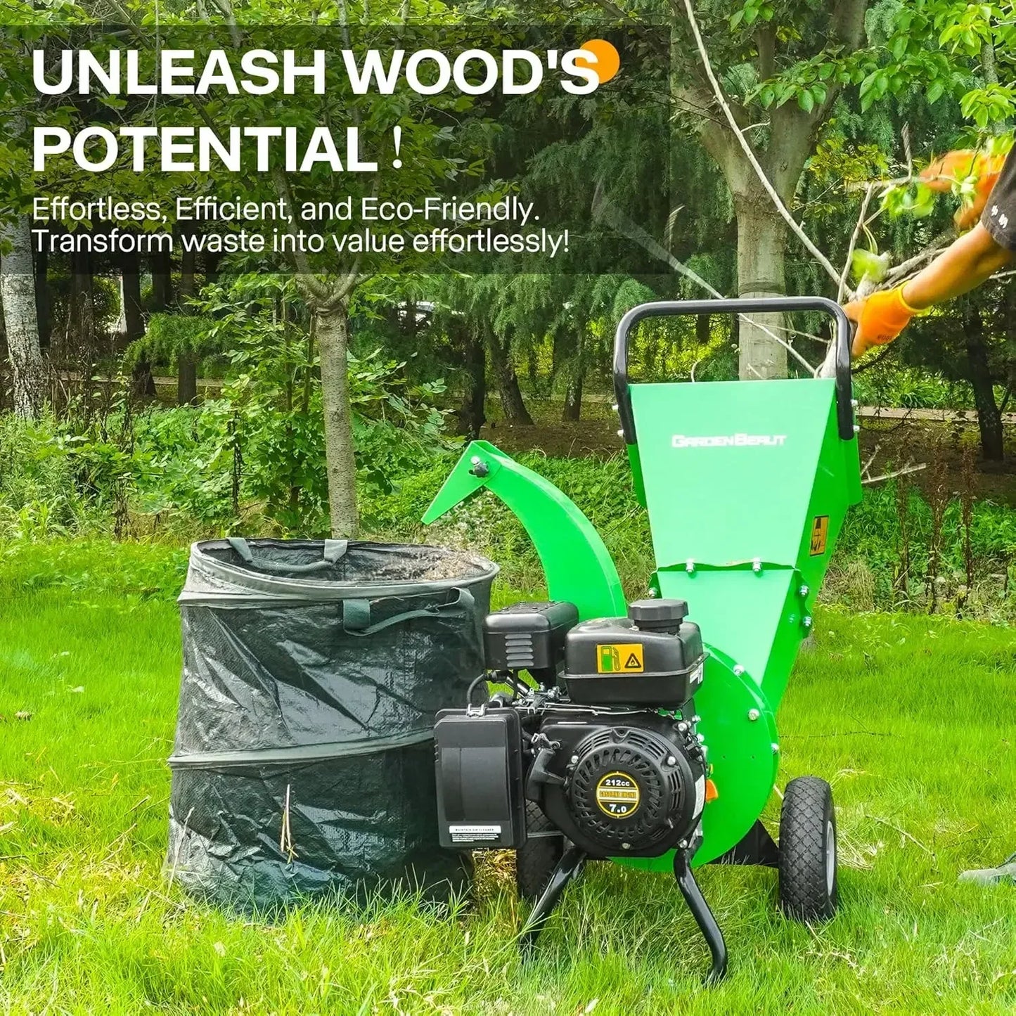 Wood Chipper Shredder, 7HP 212cc Gas Powered Heavy Duty, 3" Max Wood Diameter Capacity. wood chipper Petrol / Gas