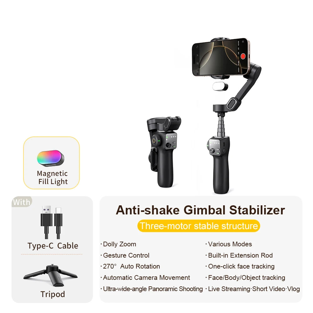 AOCHUAN Smart V8 3-Axis Handheld Gimbal Phone Stabilizer with Extension Rod Tripod Face Tracking for iPhone Android Tiktok Vlog