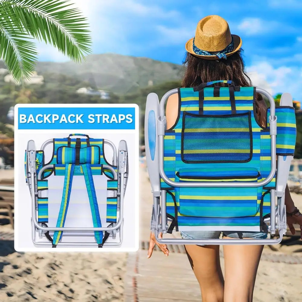 Adult Portable Beach and Camping Chair, Foldable Backpack Style with 5 Recline Positions, Headrest, and Cup Holder, Heavy Duty S