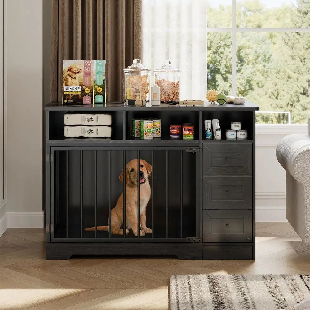 48'' Dog Crate Furniture, Farmhouse Heavy Duty Dog Kennel with Bowl & Storage Drawers, Medium Dog Cage End Table for Small Mediu