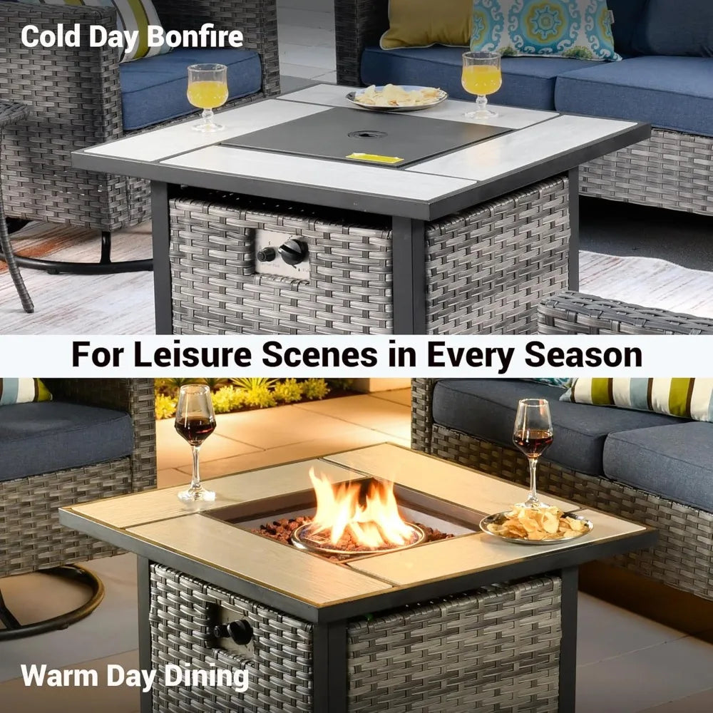 30 Inch Outdoor Patio Fire Pit Table, 50,000 BTU Heater PE Rattan Propane Firepits with Ceramic Tabletop, Waterproof Cover