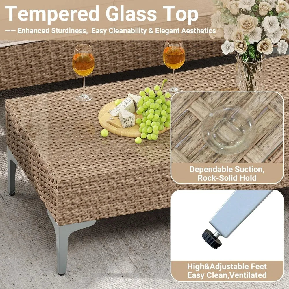 4-Piece Outdoor Sectional Sofa Set, All-Weather Wicker Patio Furniture with L/R Armrest & Glass Table, Beige