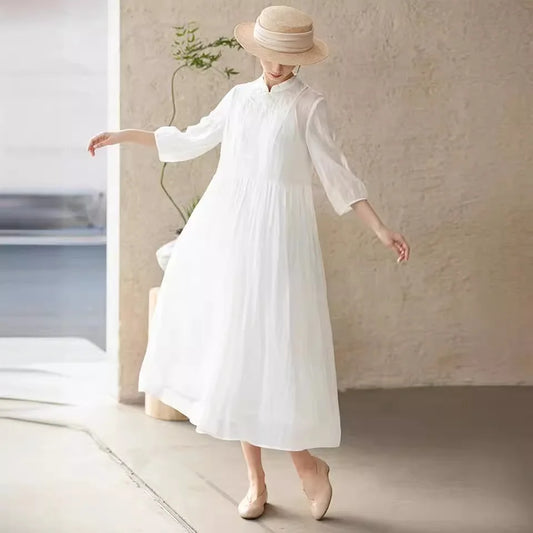 Summer Women's White Dress With Stand Up Collar Embroidered Half Sleeved Retro Artistic Long Skirt