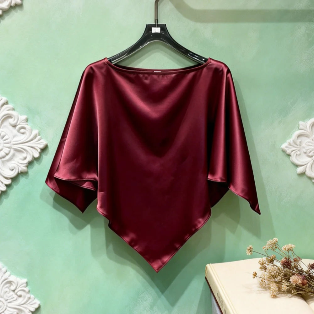 2026 Elegant Pink Batwing Sleeve Blouse Women Boat Neck Asymmetrical Hem Casual Summer Tops 004
