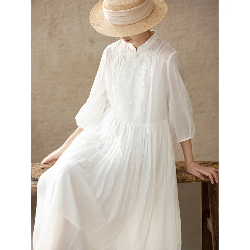 Summer Women's White Dress With Stand Up Collar Embroidered Half Sleeved Retro Artistic Long Skirt