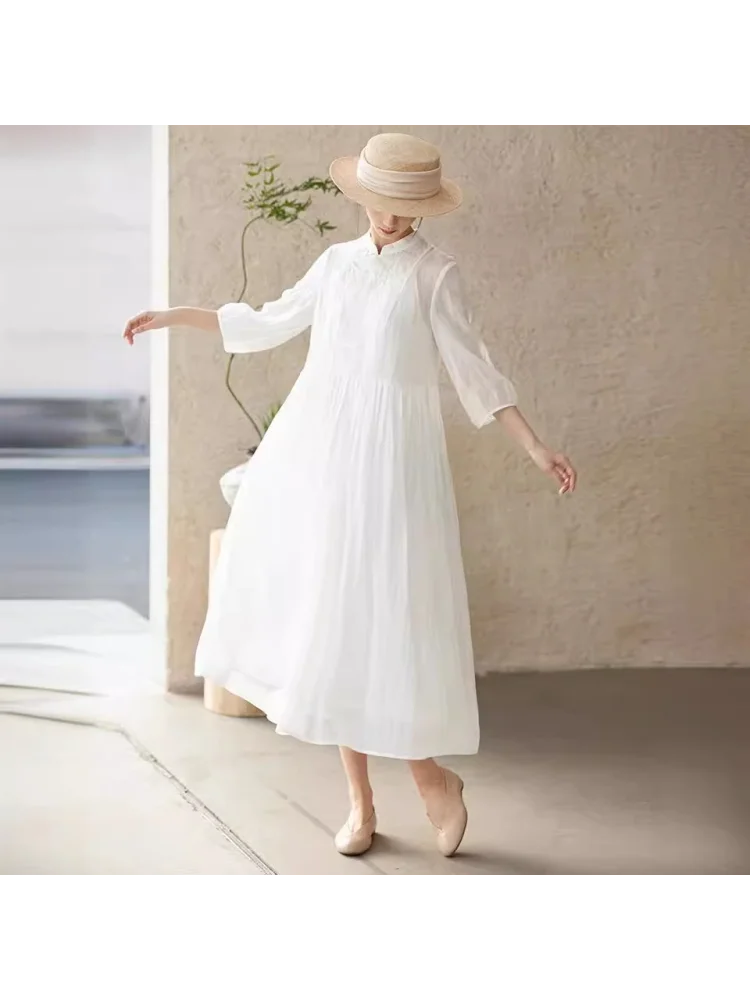 Summer Women's White Dress With Stand Up Collar Embroidered Half Sleeved Retro Artistic Long Skirt