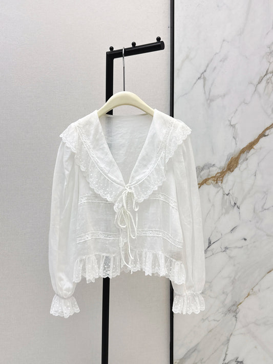 2026 Spring Fashion New V-neck Three-dimensional Lace Patchwork Shirt for Women