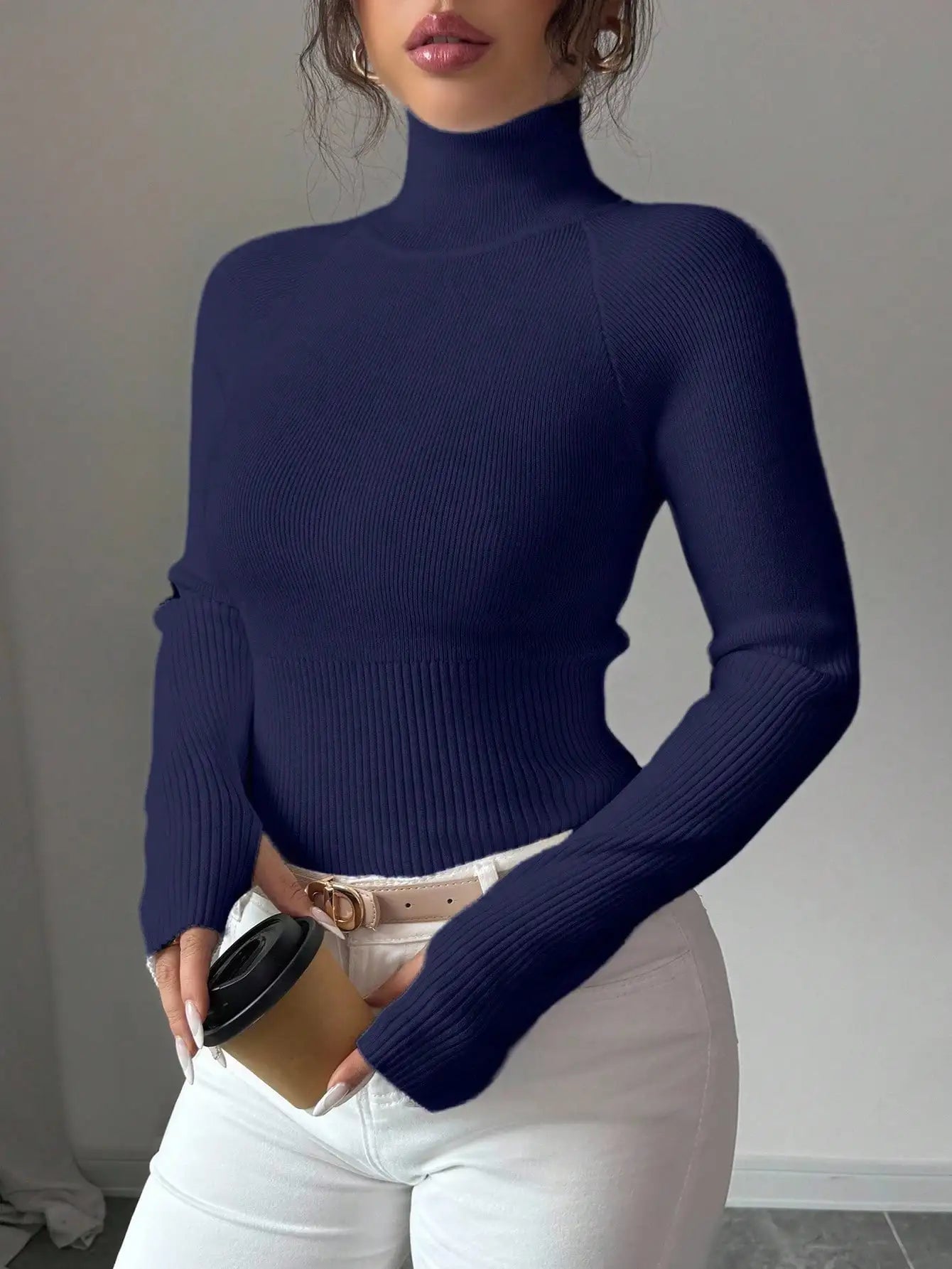 White Ribbed Turtleneck Knit Top for Women - Slim Fit Long Sleeve Sweater for Fall Winter Daily Wear