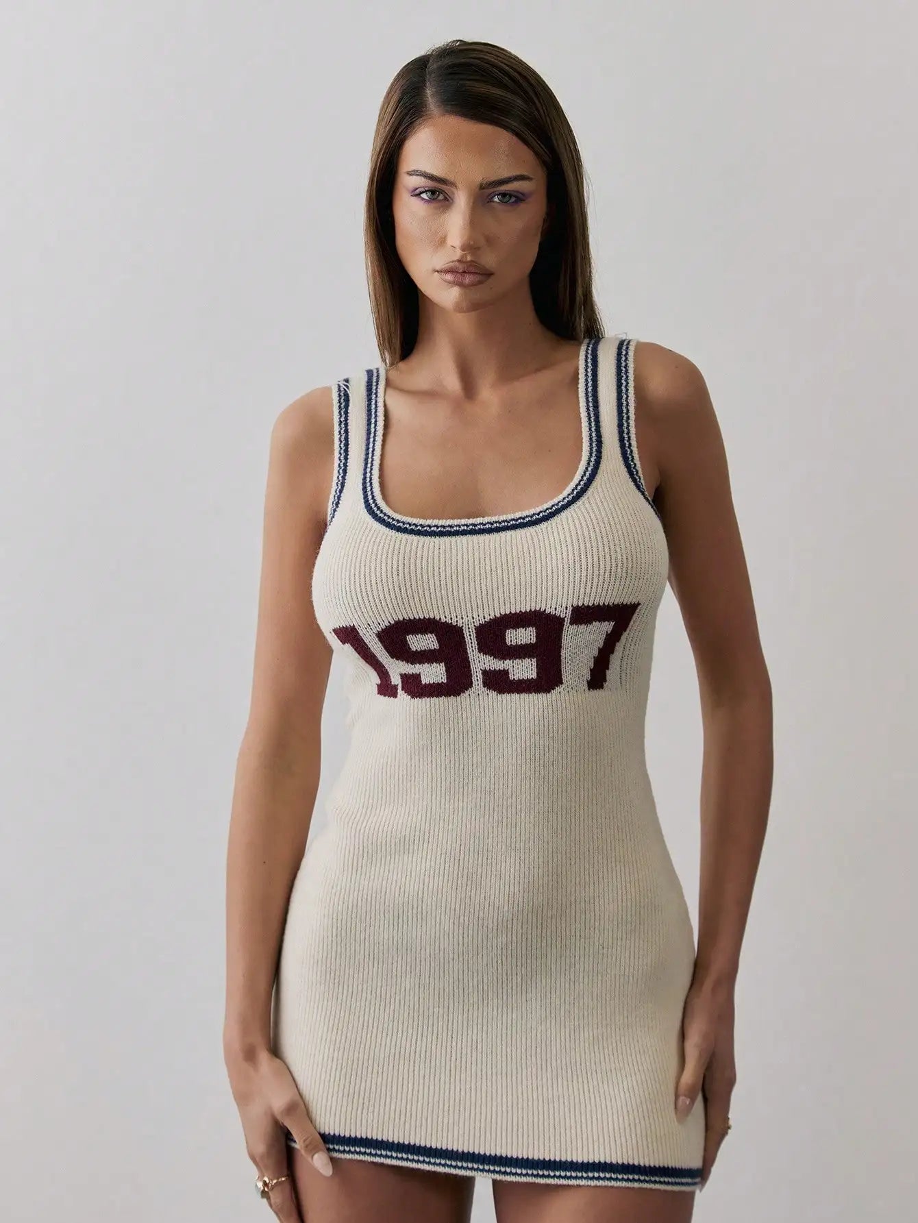 Rib Knit Scoop Neck Contrast Trim 1997 Slogan Fitted Mini Dress Y2K Casual Summer