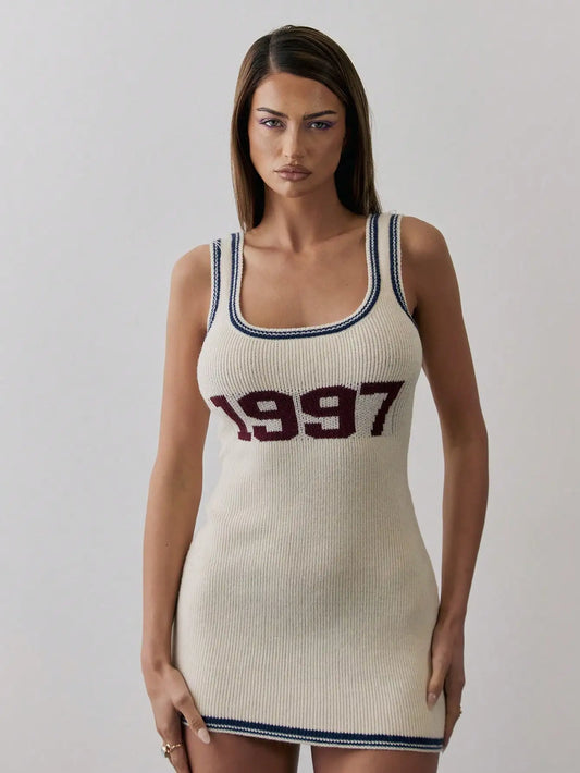 Rib Knit Scoop Neck Contrast Trim 1997 Slogan Fitted Mini Dress Y2K Casual Summer