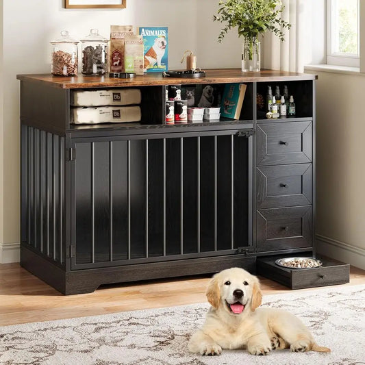 48'' Dog Crate Furniture, Farmhouse Heavy Duty Dog Kennel with Bowl & Storage Drawers, Medium Dog Cage End Table for Small Mediu