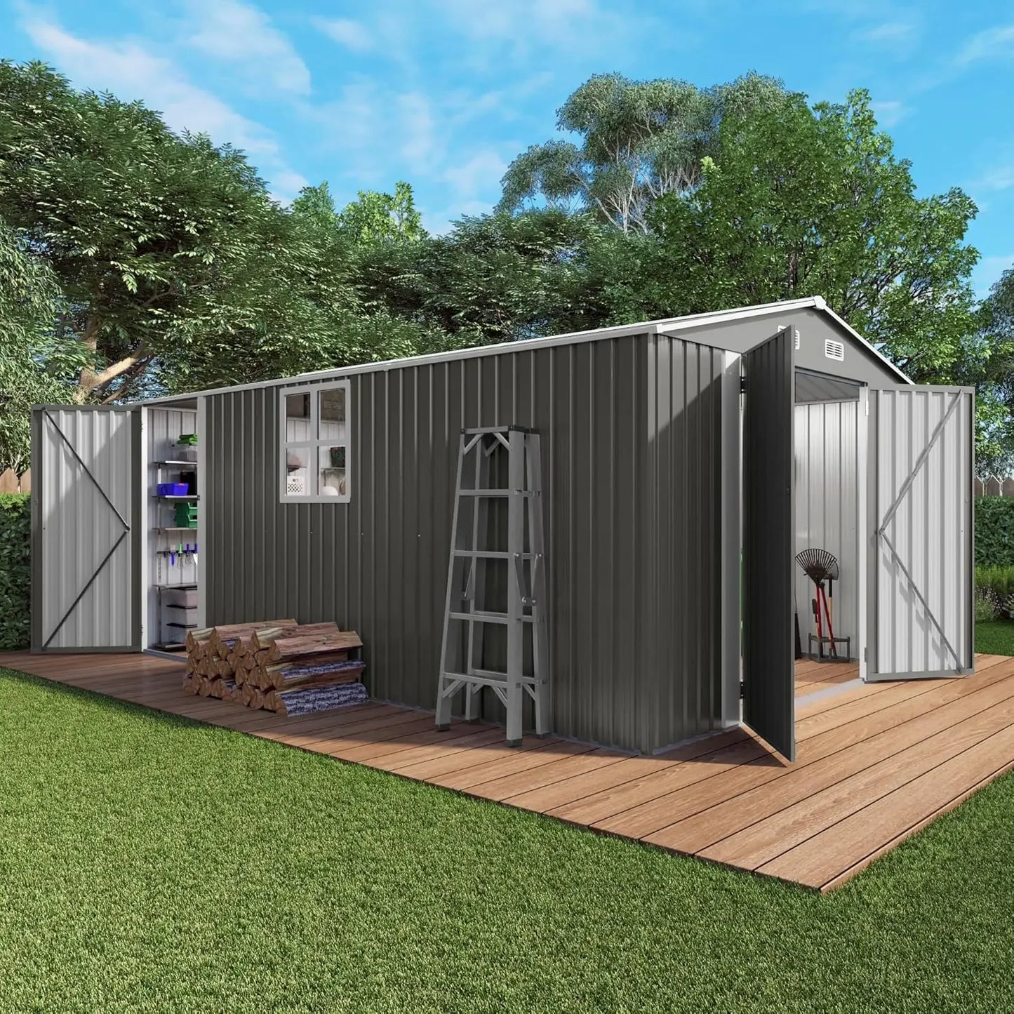 10x14x6.7FT Outdoor Storage Shed, Galvanized Steel Garden Shed with Lockable Door & Window, Waterproof Metal Tool S