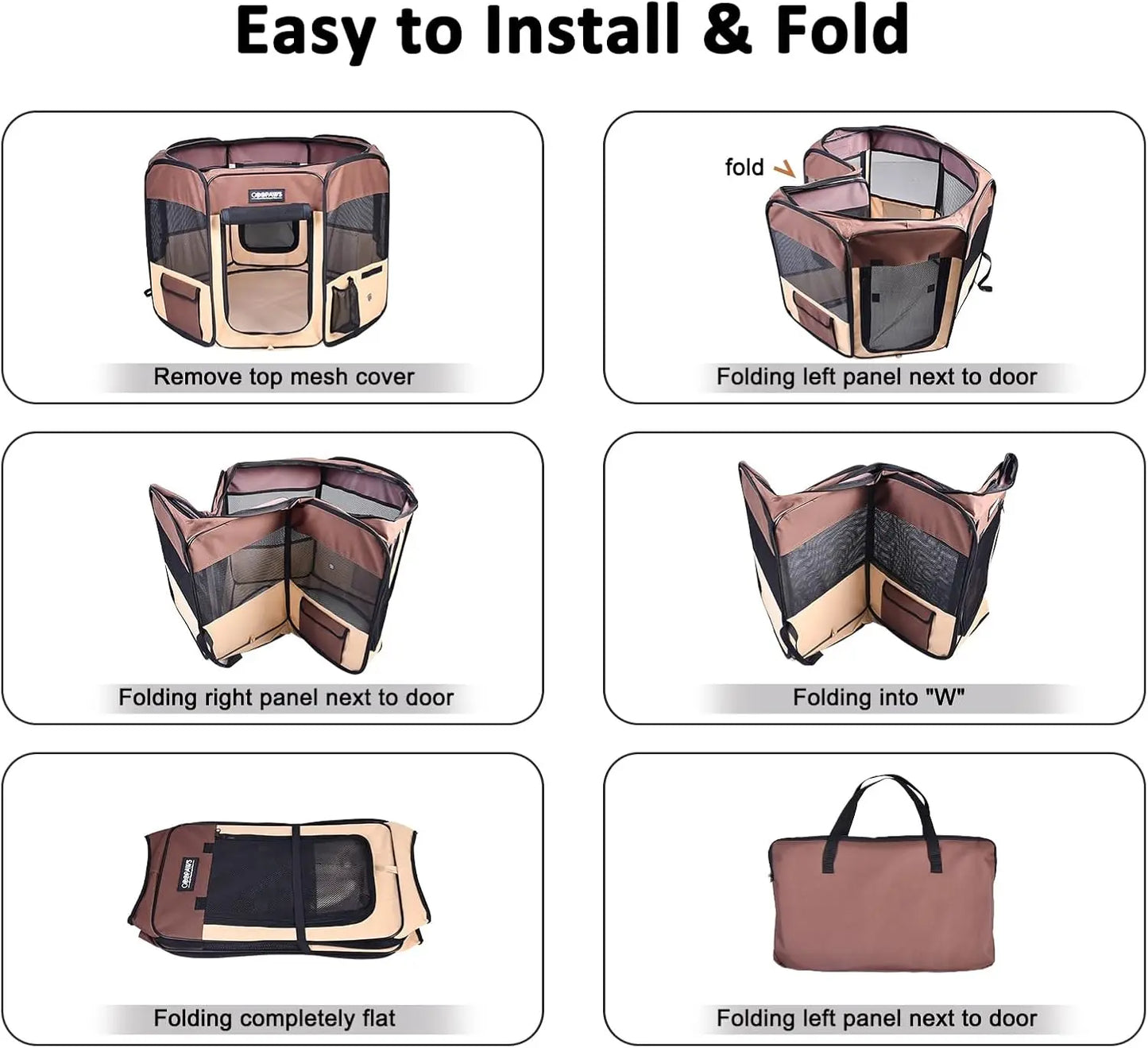 61" Pet Dog Playpens, Portable Soft Dog Exercise Pen Kennel with Carry Bag for Puppy Cats Kittens Rabbits, Brown