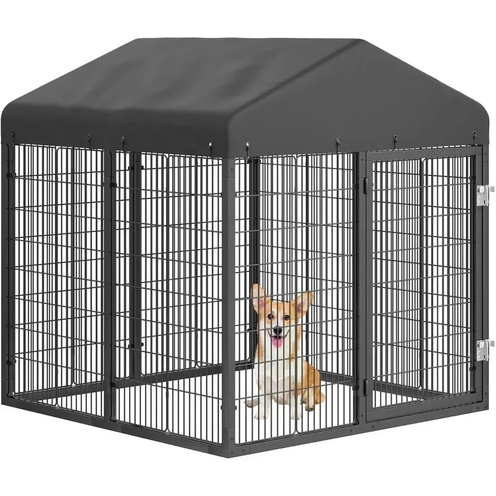Sturdy Outdoor Dog Cage with Roof, Galvanized Steel Kennel with Double Safety Locks (4.5'L x 4'W x 4.2'H)