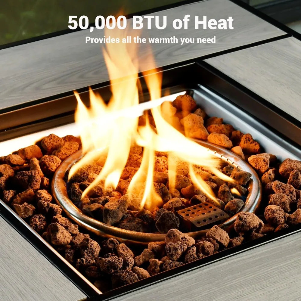 30 Inch Outdoor Patio Fire Pit Table, 50,000 BTU Heater PE Rattan Propane Firepits with Ceramic Tabletop, Waterproof Cover