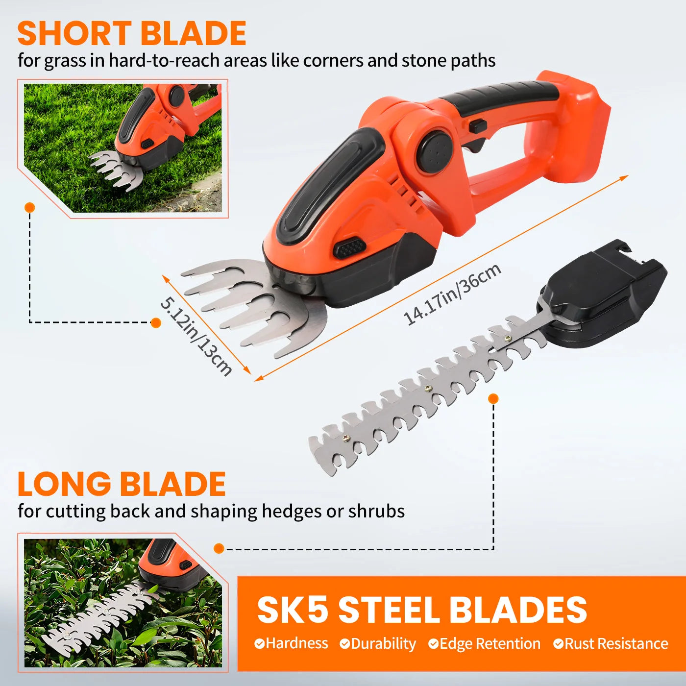 390W Handheld 2-in-1 Hedge Trimmer 15000 RPM 24V Battery-Powered Cordless Grass Cutter with Two Batteries and Charger for Garde