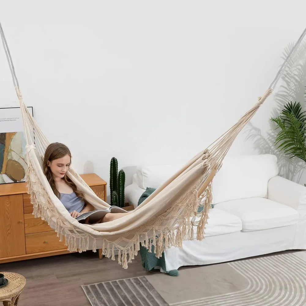 Double Boho Macrame Hammock with Elegant Tassels for Patio, Yard, Beach Wedding Decor, Outdoor and Indoor Up to 450lbs Include T