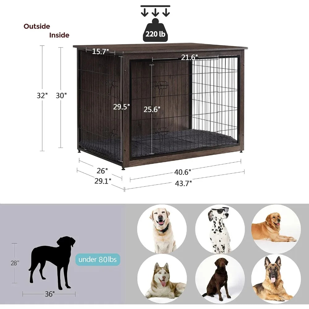 Dog Crate Furniture with Cushion, Wooden Kennel Table with Double Doors, Indoor Dog House, Extra Large Size, 43.3" L, Dark Gray