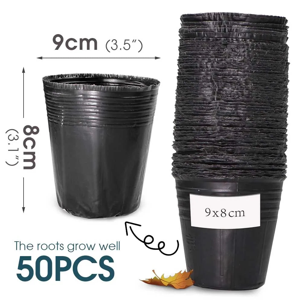 50pcs Plastic Black Seedling Nursery Pots Seed Starting Grow Bag Flower Plant Breathable Container Garden Vegetable Box Cuttings