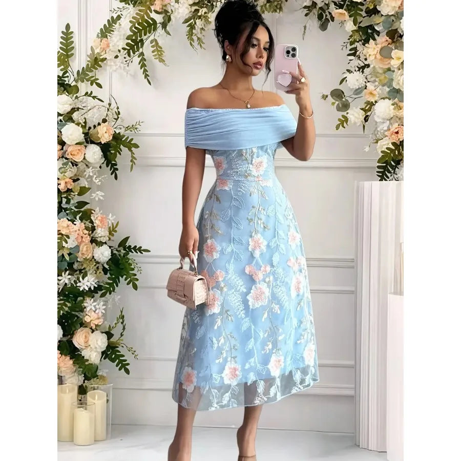Direction 7963 Blue Floral Embroidery Patchwork Solid Off-Shoulder Neckline Elegant Party Women'S Dress Bridesmaid Gown Evening