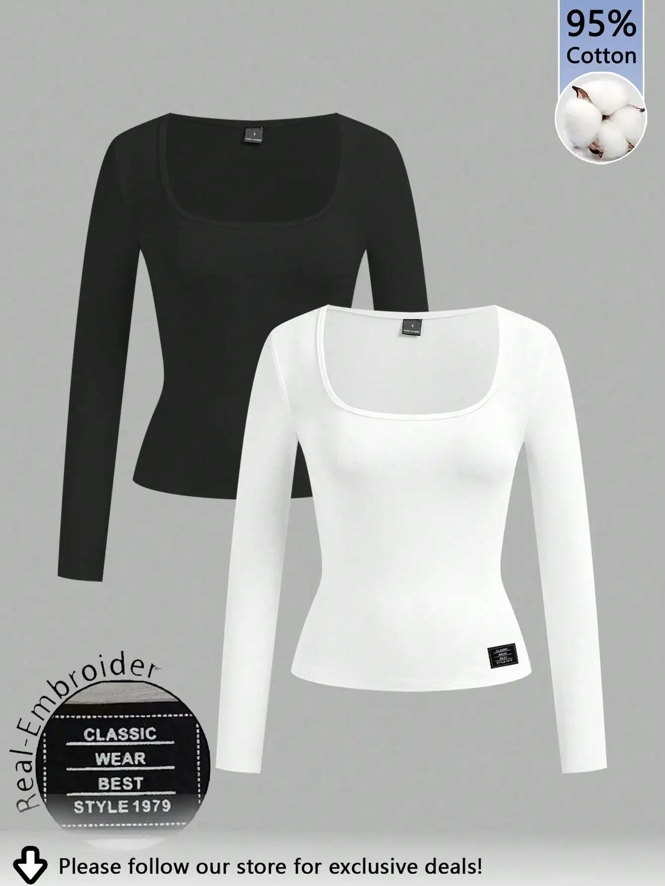 Two-Pack Women's Square Neck Long Sleeve Fitted T-Shirts