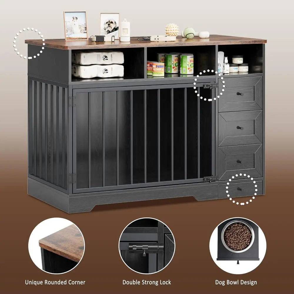 48'' Dog Crate Furniture, Farmhouse Heavy Duty Dog Kennel with Bowl & Storage Drawers, Medium Dog Cage End Table for Small Mediu