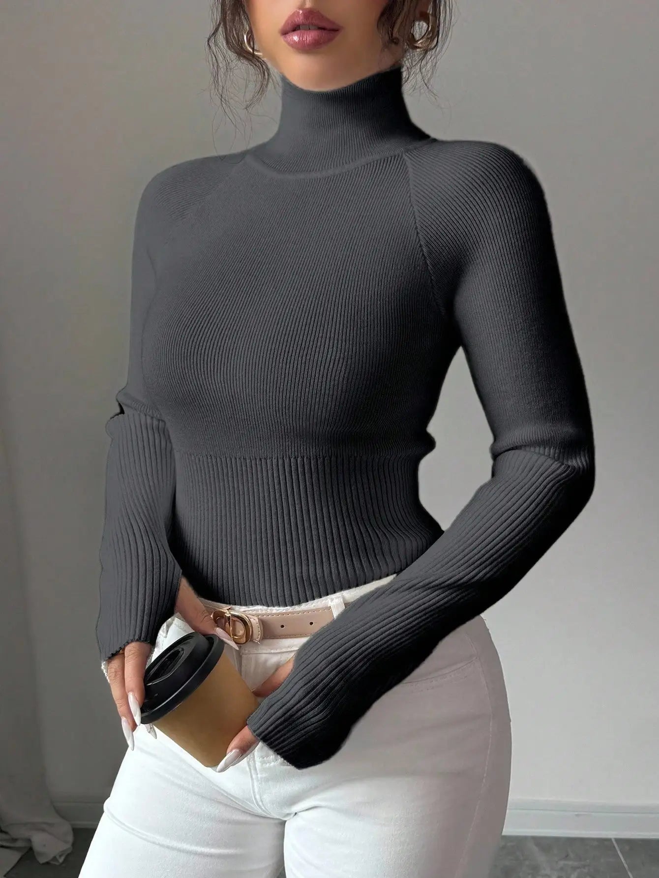 White Ribbed Turtleneck Knit Top for Women - Slim Fit Long Sleeve Sweater for Fall Winter Daily Wear