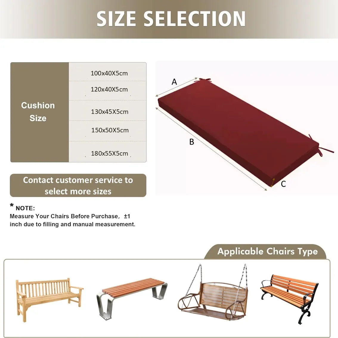 Custom Waterproof Bench Cushions  Outdoor Patio Seat Pads for Garden Bench/Swing  5CM Thick  Non-Slip Washable  Fit 2-3 Seater