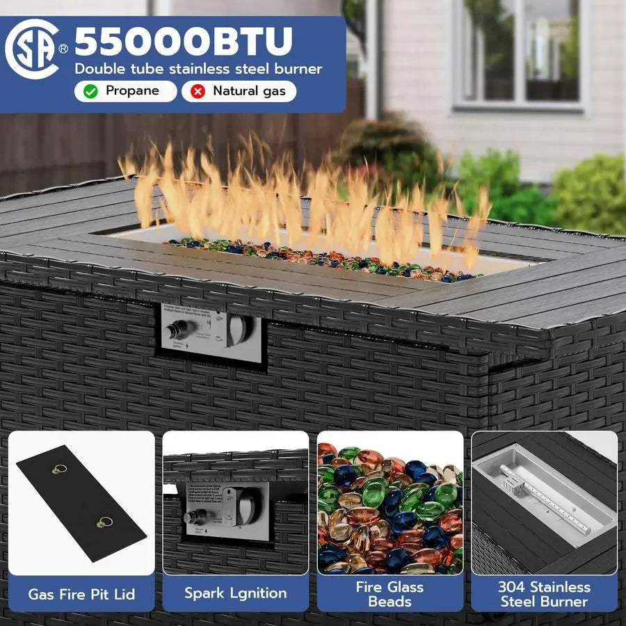 Piece Patio Furniture Set with Fire Pit Table, Outdoor Sectional Conversation Sets Black Wicker Rattan Sofa with Coffee Table f