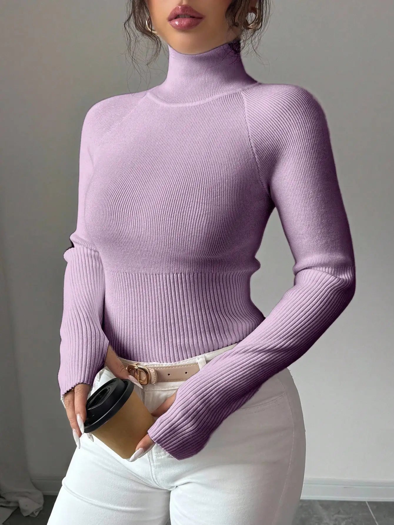 White Ribbed Turtleneck Knit Top for Women - Slim Fit Long Sleeve Sweater for Fall Winter Daily Wear