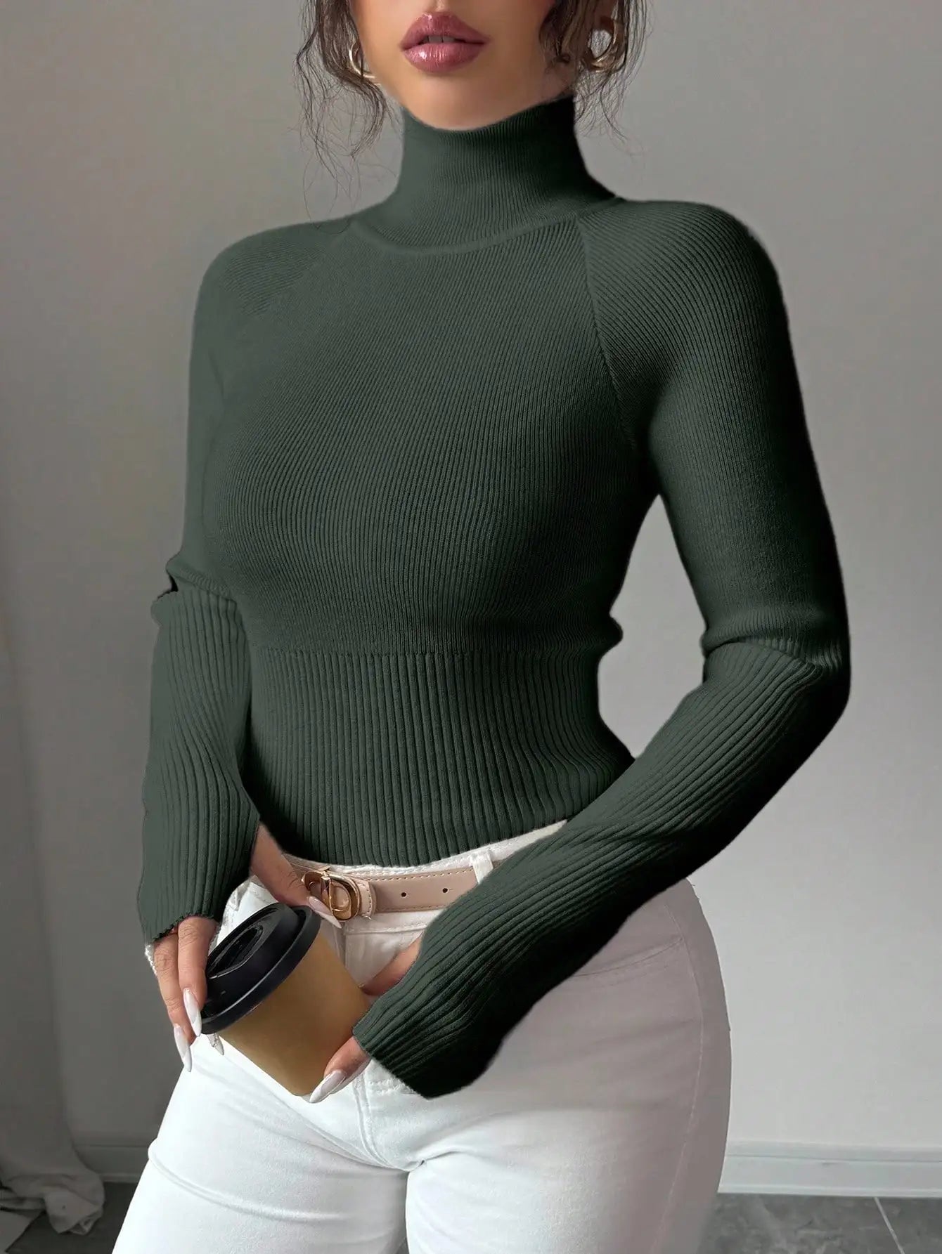 White Ribbed Turtleneck Knit Top for Women - Slim Fit Long Sleeve Sweater for Fall Winter Daily Wear