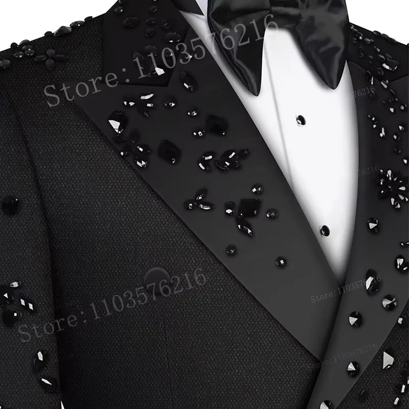 Customized Slim Fit Mens 2 Piece Double Breasted Suit Luxury High Quality Diamond Ornament Tuxedos For Business Wedding Groom