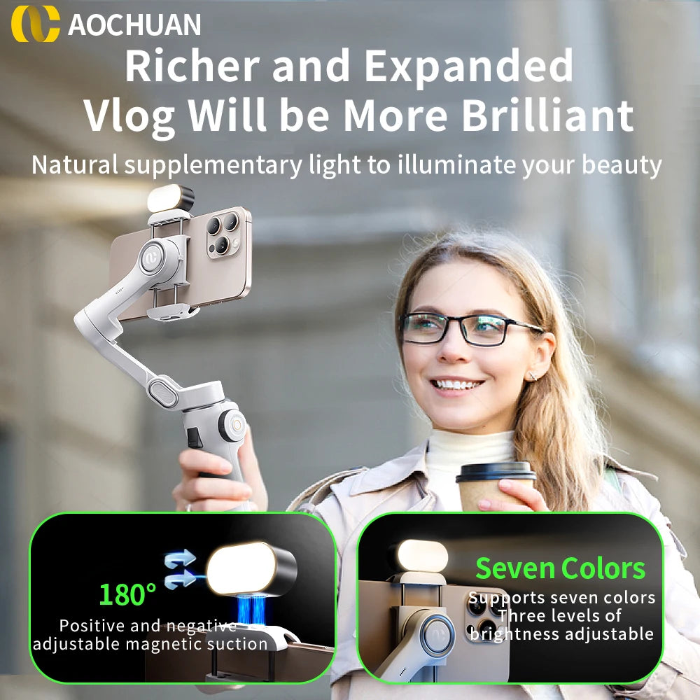 AOCHUAN Smart V8 3-Axis Handheld Gimbal Phone Stabilizer with Extension Rod Tripod Face Tracking for iPhone Android Tiktok Vlog