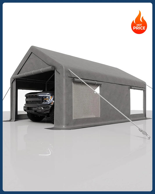 Bestseller[New Arrival!]10x20 Ft Carport, Car Port with 200g PE Tarp, Roll-Up Doors, and 4 Windows, for Sedans, Bass Boats, Moto
