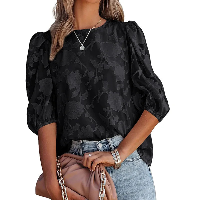 Women Puff Sleeve Chiffon Blouse Floral Lace Trim Loose Fit Tops Elegant Casual Shirt for Women Spring Summer Boho Chic Tunic Te