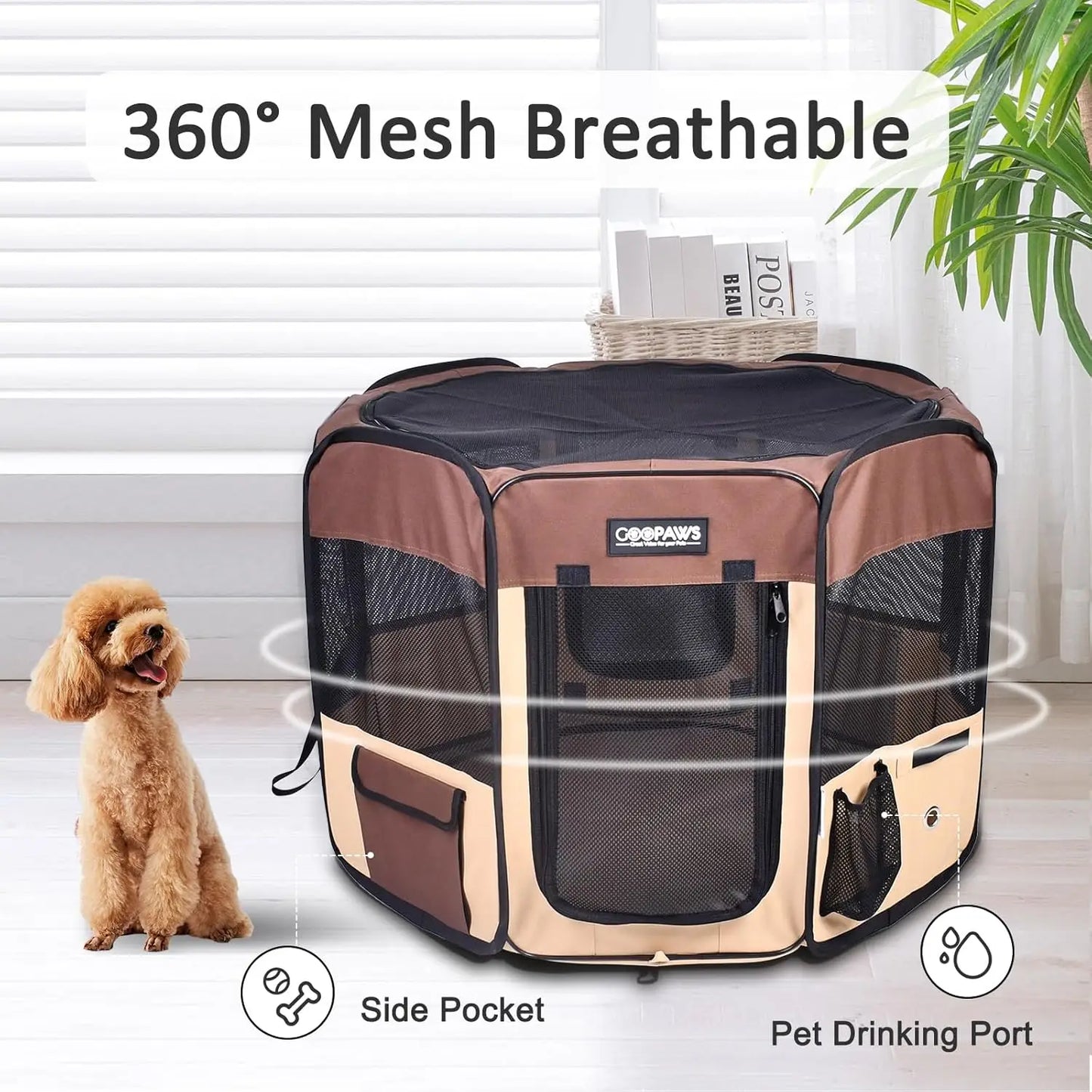 61" Pet Dog Playpens, Portable Soft Dog Exercise Pen Kennel with Carry Bag for Puppy Cats Kittens Rabbits, Brown