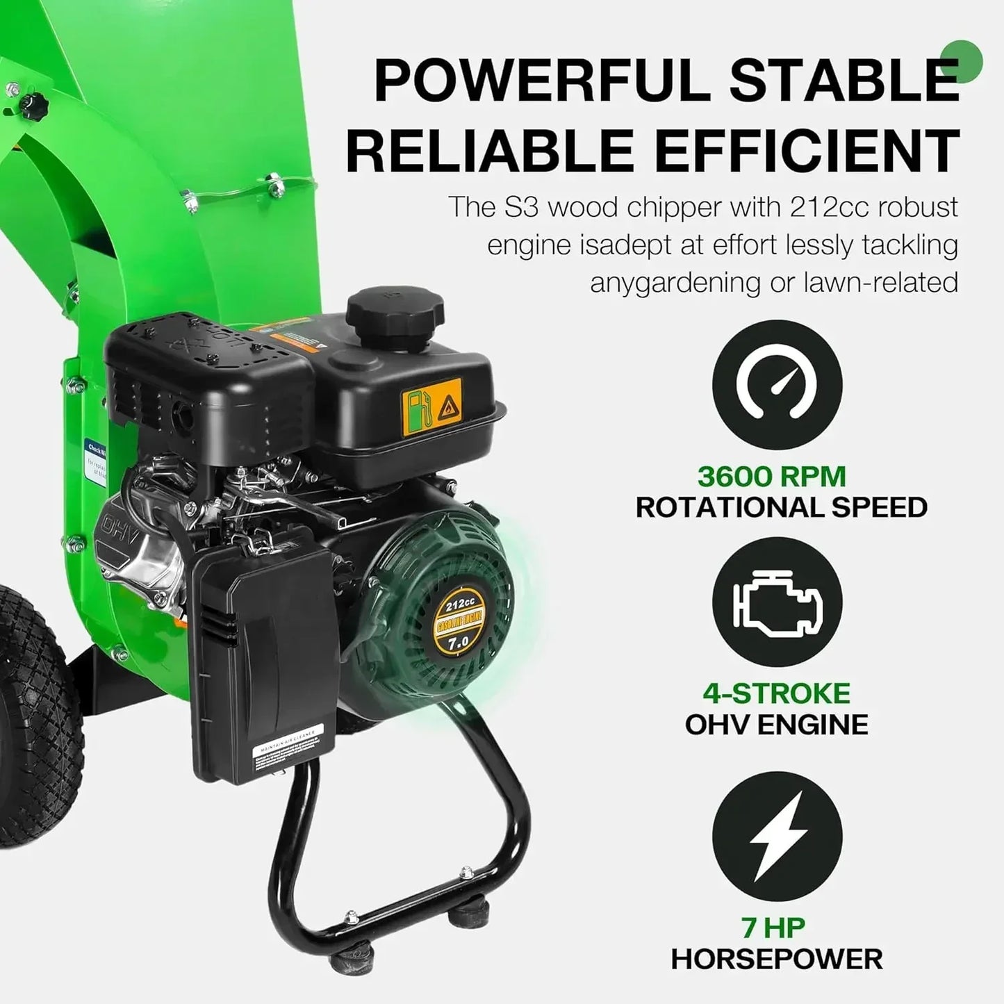 Wood Chipper Shredder, 7HP 212cc Gas Powered Heavy Duty, 3" Max Wood Diameter Capacity. wood chipper  Petrol / Gas