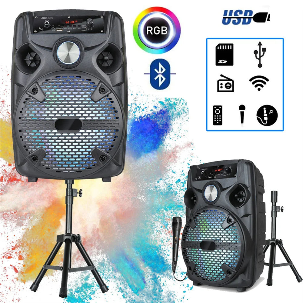 1100W Portable Bluetooth Party Speaker 8" Subwoofer w/Stand Sound System Dj Karaoke RGB Light Rechargeable Speaker with Mic