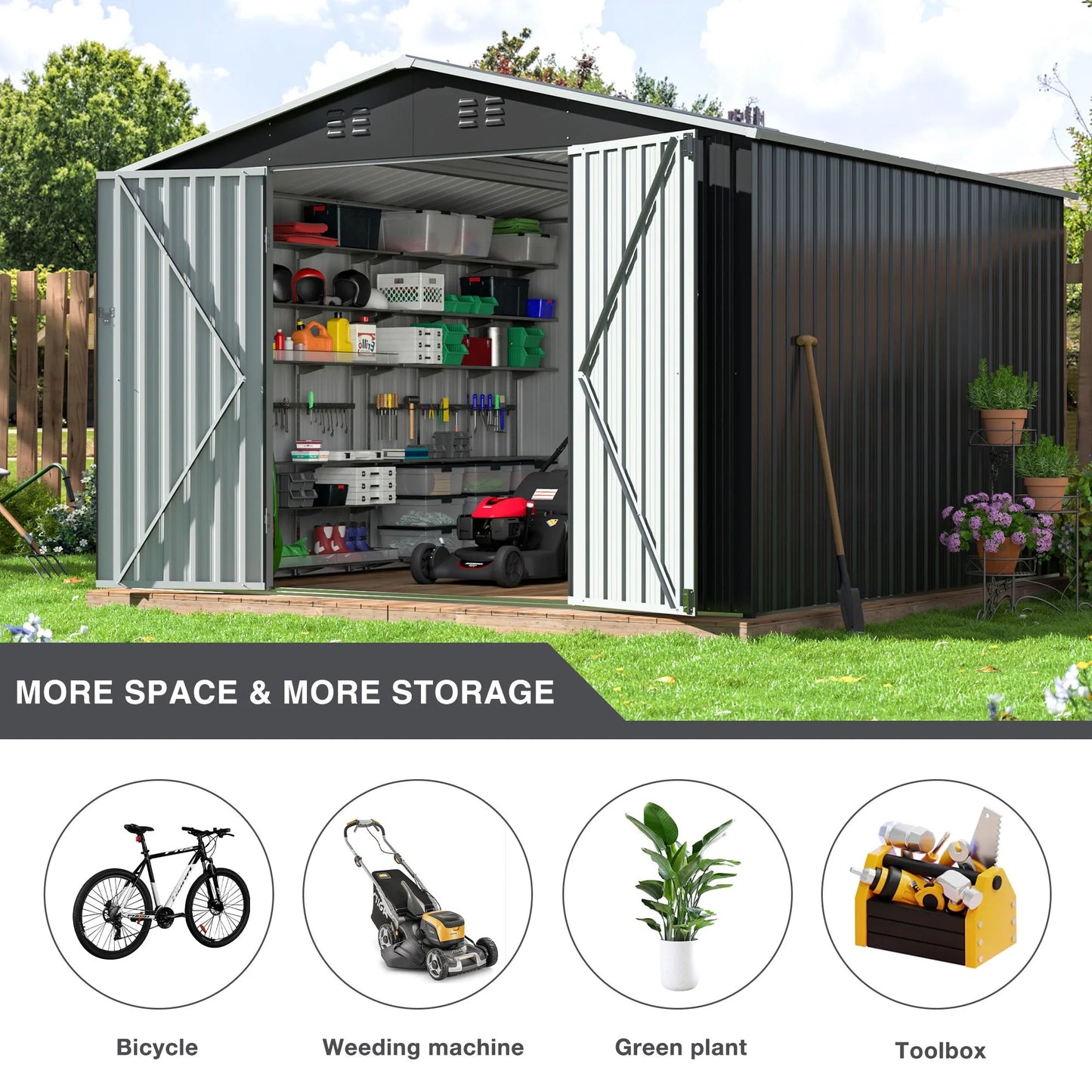 10x12/12x14FT Galvanized Steel Storage Shed Heavy Duty Lockable Hasp Door Black/White Roof Garden Tool Shed for Backyard Patio