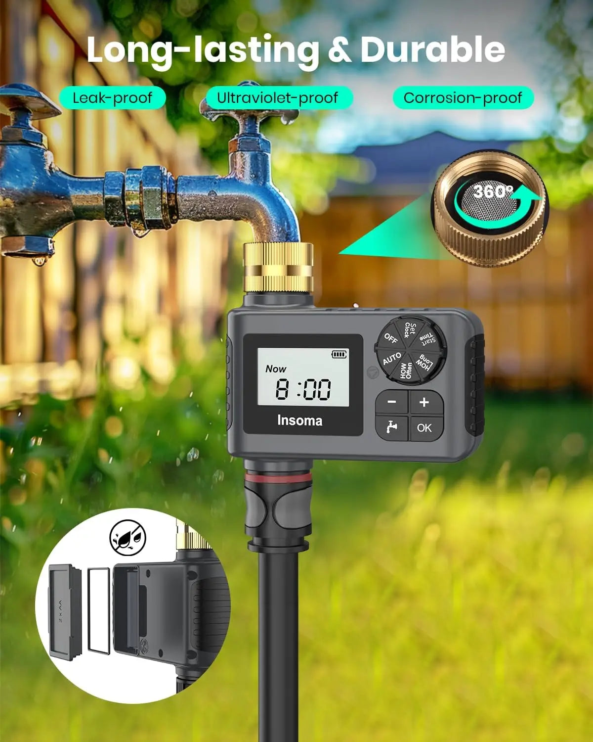 2-Piece Brass Water Timer with Rain Delay, Manual/Automatic Modes for Drip Irrigation and Lawn Watering