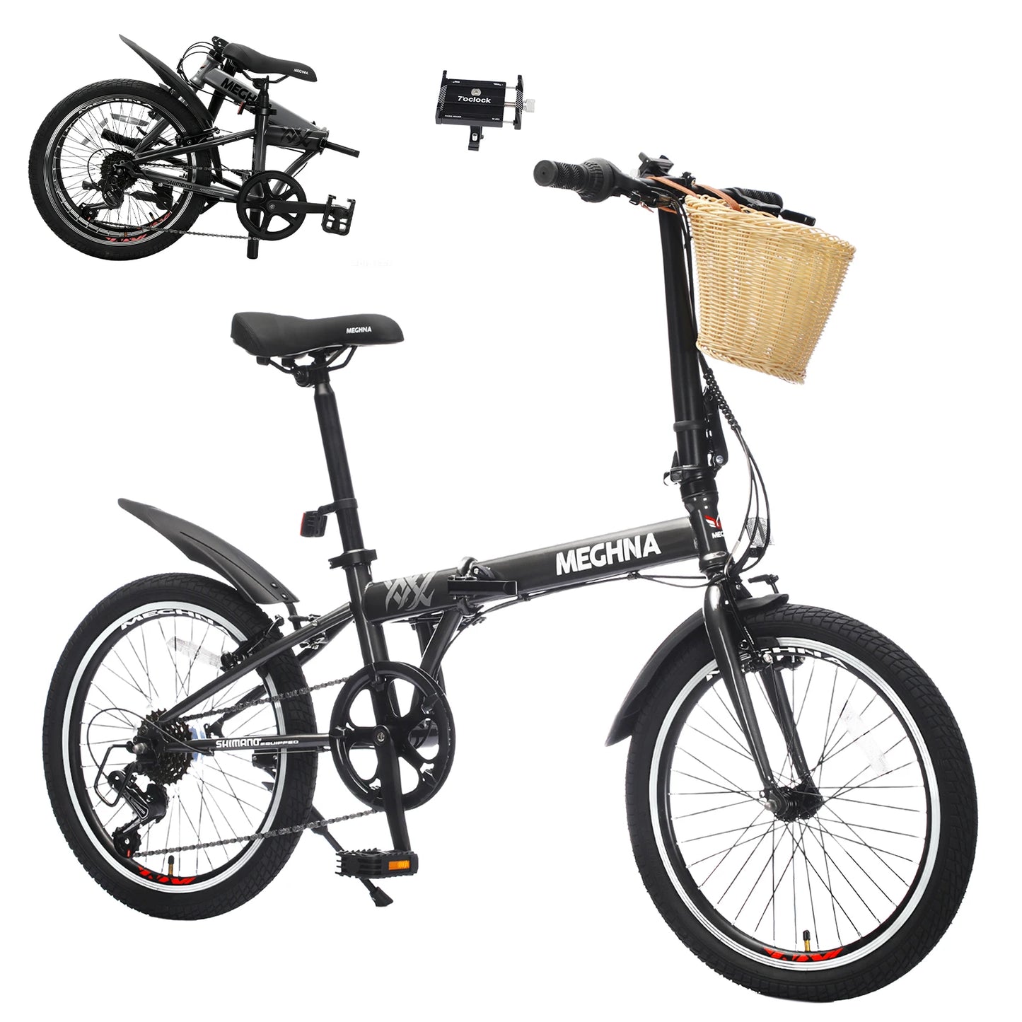 20 Inch Folding Bike for Adults with Basket, Phone Holder & Fenders, 6-Speed Steel Frame City Commuter, Dual V-Brake Portable Compact Bicycle for Men & Women