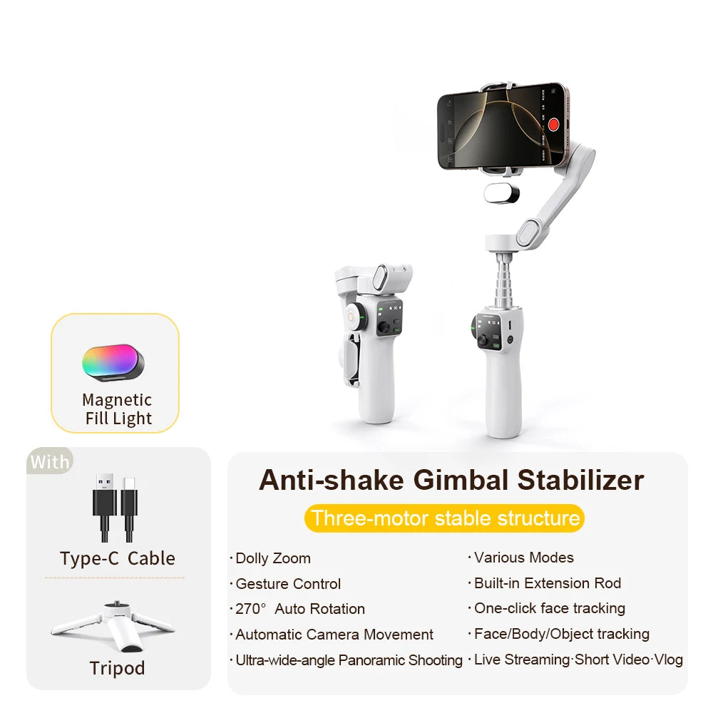 AOCHUAN Smart V8 3-Axis Handheld Gimbal Phone Stabilizer with Extension Rod Tripod Face Tracking for iPhone Android Tiktok Vlog