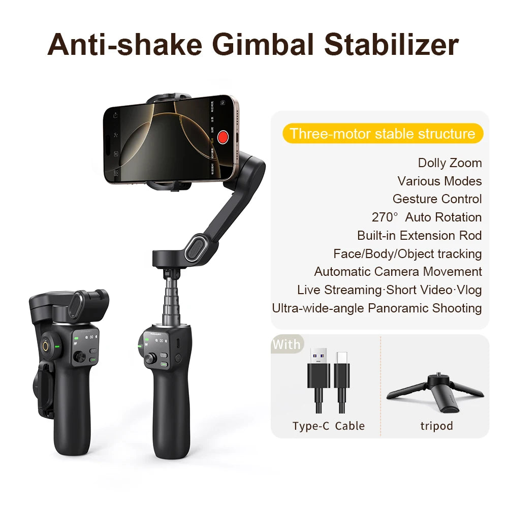 AOCHUAN Smart V8 3-Axis Handheld Gimbal Phone Stabilizer with Extension Rod Tripod Face Tracking for iPhone Android Tiktok Vlog