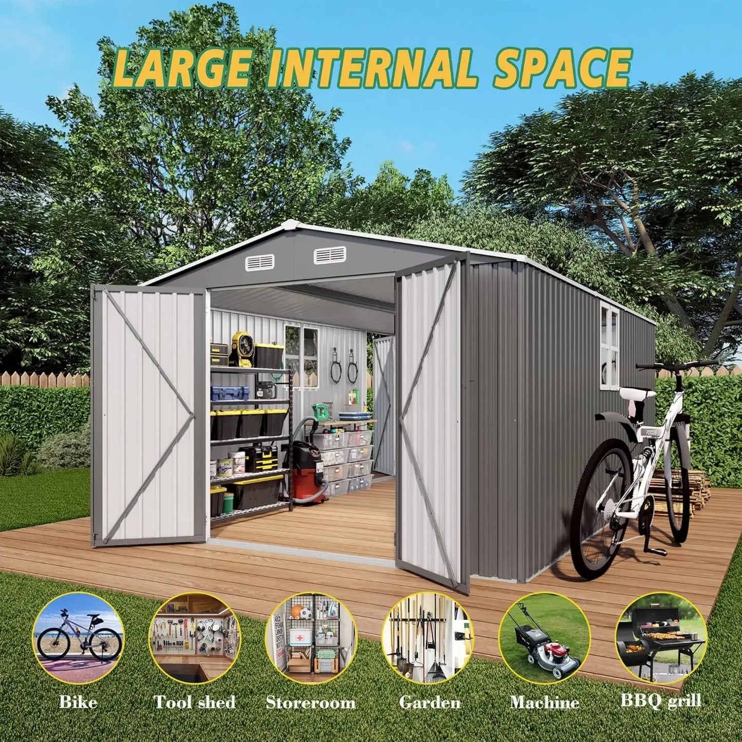 10x14x6.7FT Outdoor Storage Shed, Galvanized Steel Garden Shed with Lockable Door & Window, Waterproof Metal Tool S
