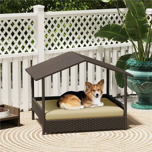 Dog House Dog Kennel OutdoorRattan Dog House Outdoor Pet House Raised Dog Bed With Foam Cushion Canopy Outdoor Elevated Pet Bed