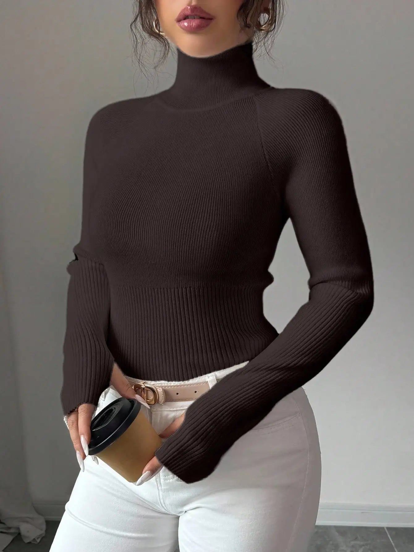White Ribbed Turtleneck Knit Top for Women - Slim Fit Long Sleeve Sweater for Fall Winter Daily Wear