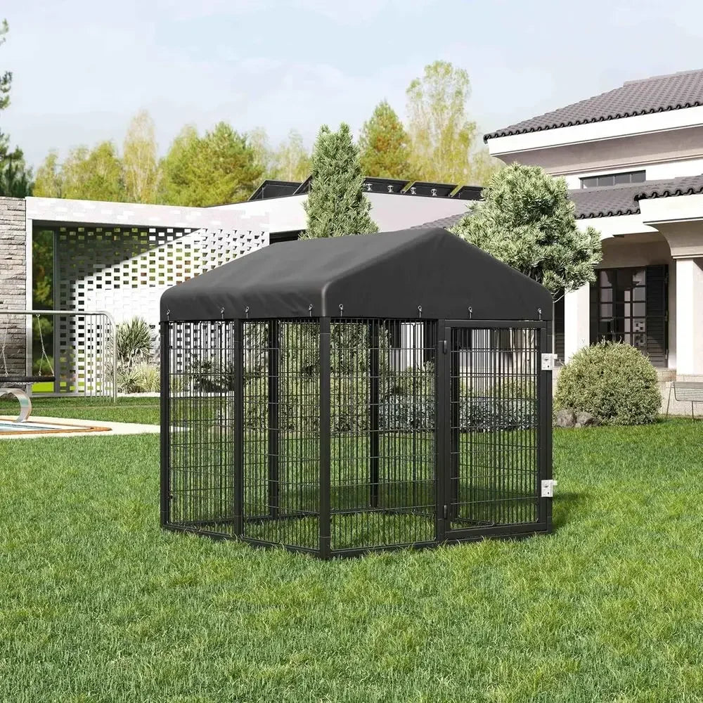 Sturdy Outdoor Dog Cage with Roof, Galvanized Steel Kennel with Double Safety Locks (4.5'L x 4'W x 4.2'H)